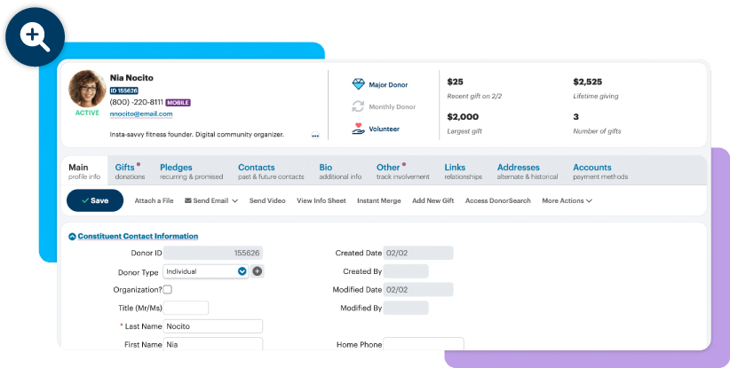 Mockup of the DonorPerfect donor profile screen.